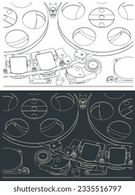Stylized vector illustrations of tape drive mechanism of reel-to-reel tape recorder close-up