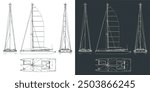 Stylized vector illustrations of technical drawings of a large sailing catamaran