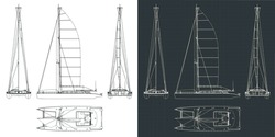 Stylized vector illustrations of technical drawings of a large sailing catamaran