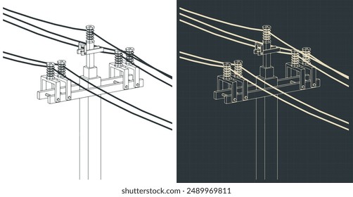 Stylized vector illustrations of technical drawings of high voltage electric pole with wires close up