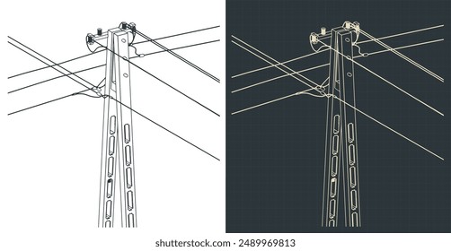 Stylized vector illustrations of technical drawings  of utility pole power lines with wires