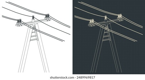 Stylized vector illustrations of technical drawings  of utility pole power lines with wires