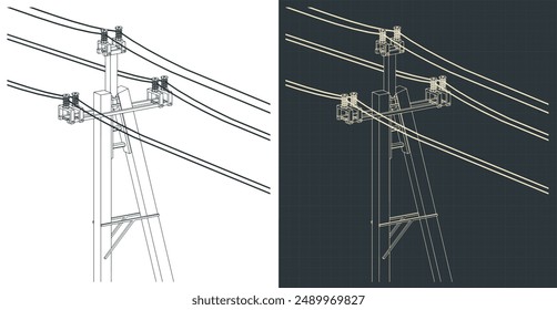 Stylized vector illustrations of technical drawings  of utility pole power lines with wires