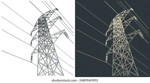 Ilustraciones vectoriales estilizadas de planos técnicos de poste eléctrico de alta tensión con alambres