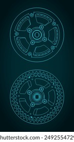 Stylized vector illustrations of technical drawings of a crankset