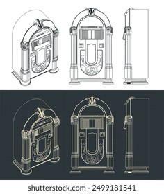 Stylized vector illustrations of a technical drawings of retro jukebox