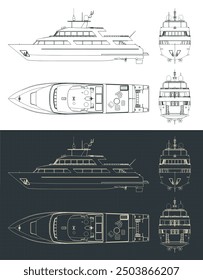 Stylized vector illustrations of technical drawings of a luxury yacht