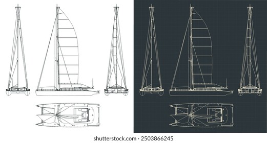 Stylized vector illustrations of technical drawings of a large sailing catamaran