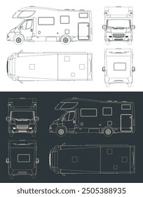 Stylized vector illustrations of technical drawings of a camper van