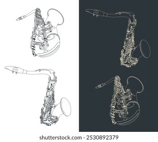 Ilustrações vetoriais estilizadas de um saxofone tenor