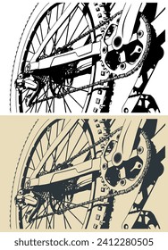 Ilustraciones vectoriales estilizadas de un mecanismo de pedal de bicicleta de senda de cierre