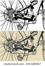 Stylized vector illustrations of a trail bicycle pedal mechanism close up