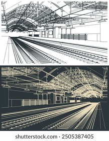 Ilustraciones vectoriales estilizadas de bocetos de estaciones de tren