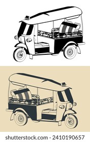 Stylized vector illustrations of a tricycle called tuk tuk