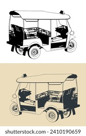 Stylized vector illustrations of a tricycle called tuk tuk