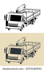 Ilustraciones vectoriales estilizadas de camiones con instalaciones de manipulación de grúas
