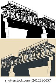 Stylized vector illustrations of truss railway bridge