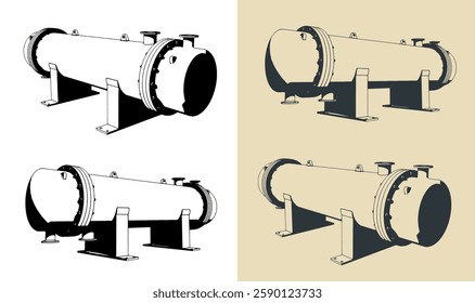 Stylized vector illustrations of a tube heat exchanger
