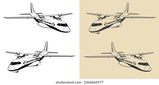 Stylized vector illustrations of turboprop transport aircraft