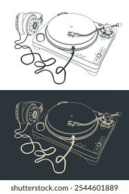 Ilustraciones vectoriales estilizadas de tocadiscos y auriculares