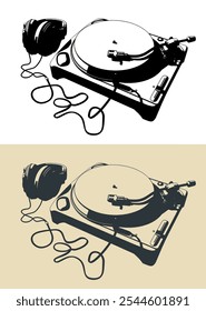 Ilustraciones vectoriales estilizadas de tocadiscos y auriculares