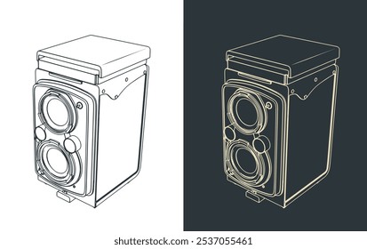 Stylized vector illustrations of a twin-lens reflex vintage camera