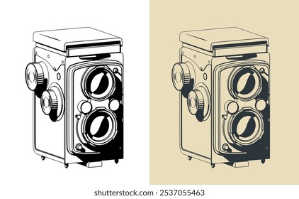 Stylized vector illustrations of a twin-lens reflex vintage camera