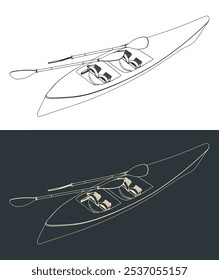 Stylized vector illustrations of a two-seater sports kayak