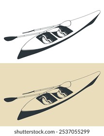 Stylized vector illustrations of a two-seater sports kayak