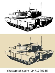 Stylized vector illustrations of a US army main battle tank - M1 Abrams