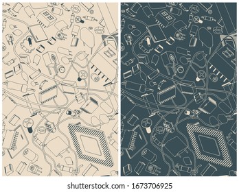 Ilustraciones vectoriales estilizadas de diversos componentes electrónicos, circuitos y microelectrónicos