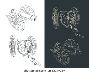 Stylized vector illustrations of a vintage artillery cannon