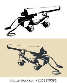 Stylized vector illustrations of a vintage artillery naval cannon