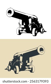 Stylized vector illustrations of a vintage artillery naval cannon