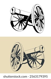 Stylized vector illustrations of a vintage artillery cannon