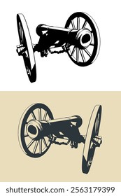 Stylized vector illustrations of a vintage artillery cannon close-up