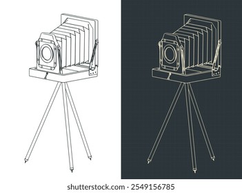 Stylized vector illustrations of vintage camera blueprints