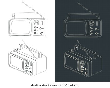 Stylized vector illustrations of vintage portable television blueprints