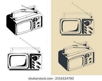 Stylized vector illustrations of a Vintage portable TV