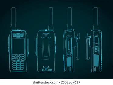 Stylized vector illustrations of walkie-talkie blueprints