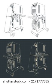 Ilustraciones vectoriales estilizadas de máquinas soldadoras en el carro de soldadura
