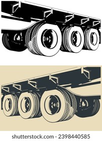 Stylized vector illustrations of wheelsets of three axle trailer close-up