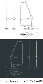 Stylized vector illustrations of a windsurfing board blueprints