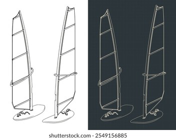 Ilustraciones vectoriales estilizadas de planos isométricos de una tabla de windsurf