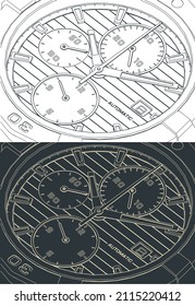 Stylized vector illustrations of wrist watch dial close-up