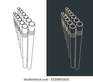 Stylized vector illustrations of zampona pan pipes instrument