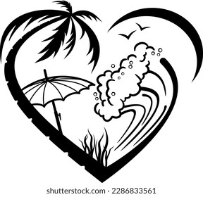 Stylized vector image of the beach in the form of a heart