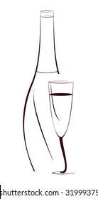 stylized vector image of bottle and wine glass, white background