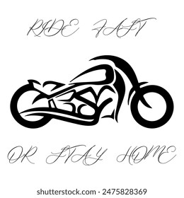 Imagen De Vector Estilizada De Una Motocicleta Personalizada Sobre Un Fondo Blanco Con Letras RIDE O QUÉDATE EN CASA. Imagen de camiseta.