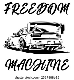 Stylized Vector Image Of A Custom Motorcycle On A White Background With Lettering FREEDOM MACHINE. T-shirt Image.